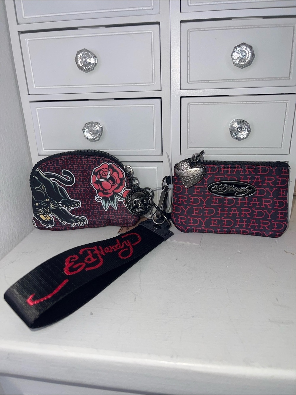 NWT Ed Hardy Black and Red Logo Wristlet Pouch Duo with Heart Charm